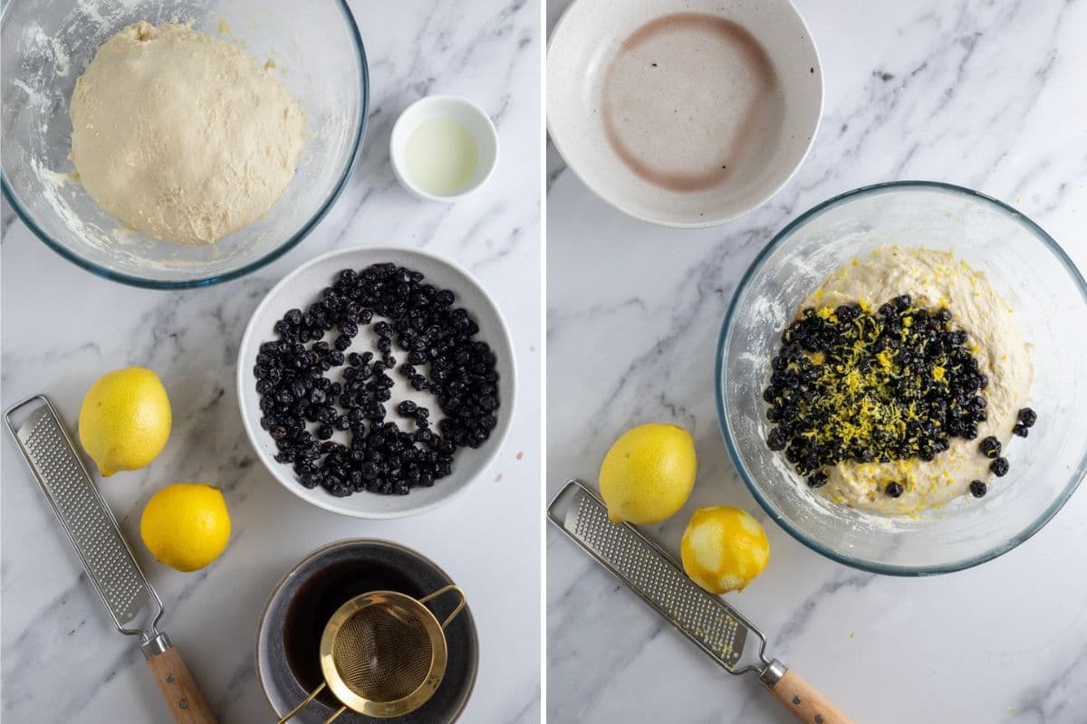 Two photos to show adding soaked blueberries to mixed dough to make sourdough lemon blueberry bread.