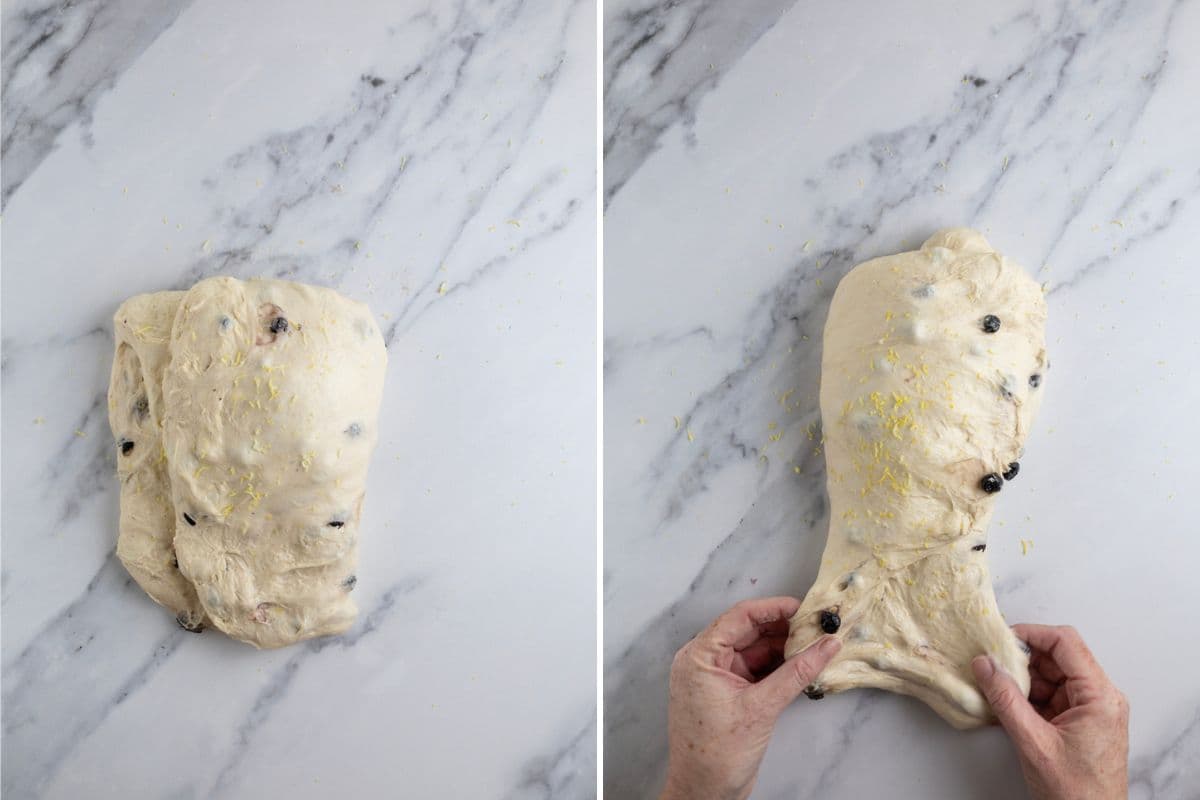 Two photos to show how to shape sourdough lemon blueberry bread dough by folding dough over and rolling.