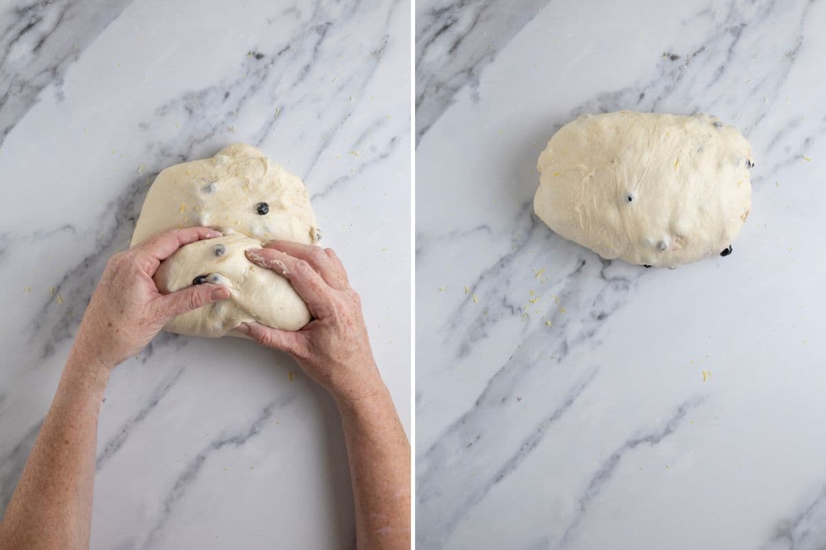 Two photos to show how to shape sourdough lemon blueberry bread dough by rolling into an oval.