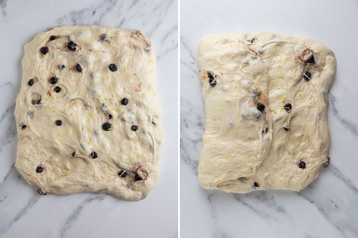 Two photos to show sourdough lemon blueberry bread dough on the counter and folding the dough to shape it.