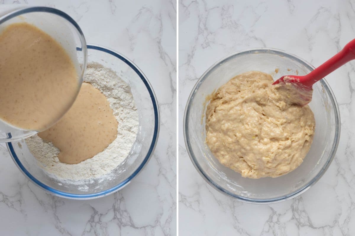 Two images to show making the batter for sourdough lemon muffins including pouring sourdough starter mixture into flour and the finished batter mixed together in a glass bowl.