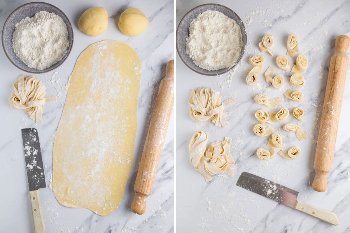 Two photos to show rolling out sourdough pasta dough on the counter and using a knife to cut into shapes.