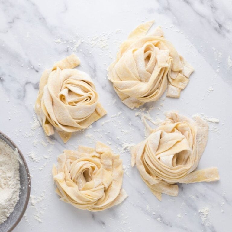 Sourdough pasta pieces on counter ready to dry.