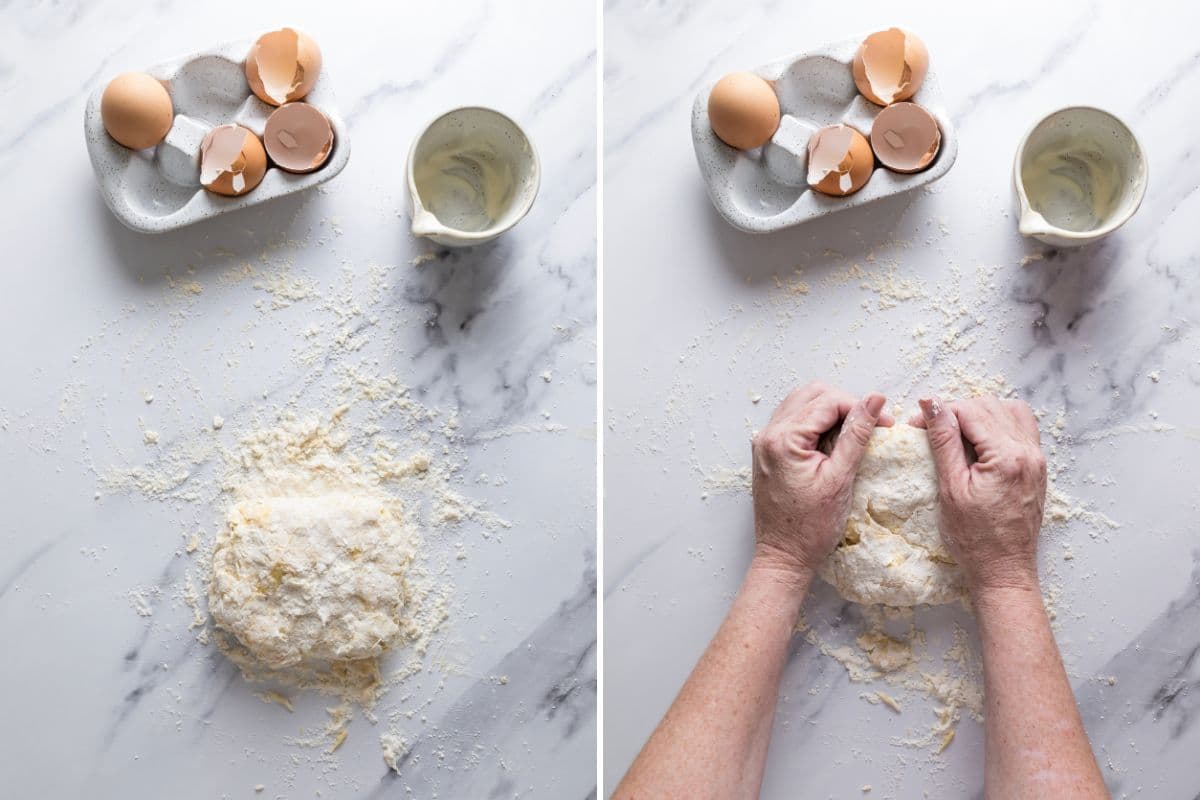 Two photos to show kneading the fresh mixed sourdough pasta dough.