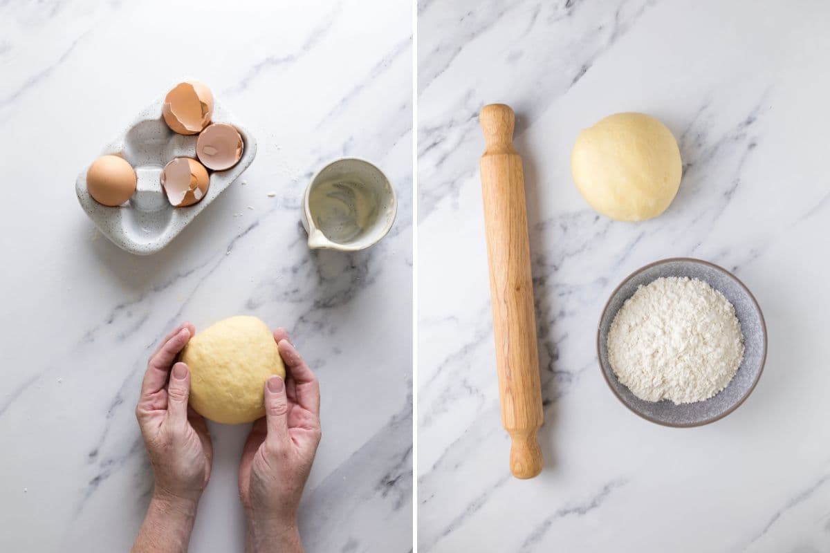 Two photos to show sourdough pasta dough after kneading and after resting for 30 minutes.