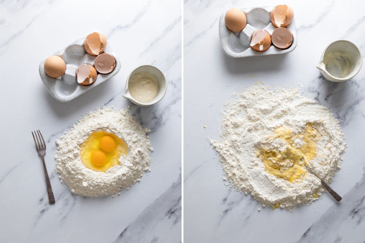 Two photos to show mixing ingredients to make sourdough pasta dough on the counter.