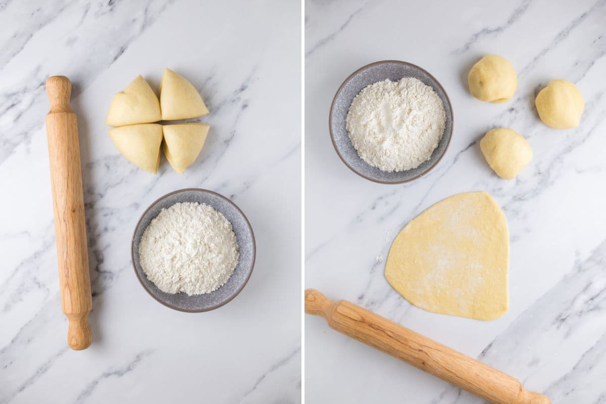 Two photos to show rolling out sourdough pasta to cut into pasta shapes.