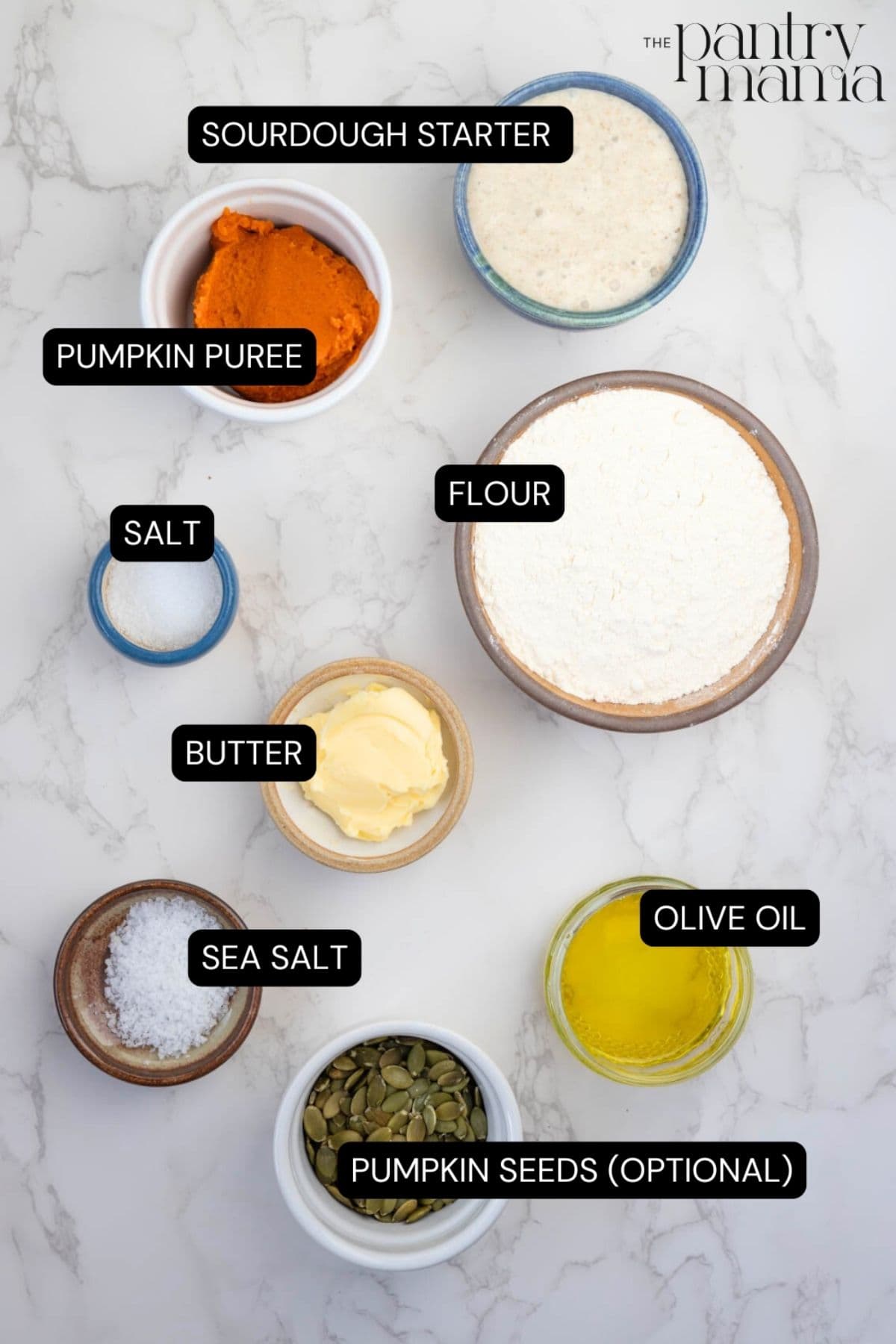 Labeled ingredients on the counter to make sourdough pumpkin crackers.