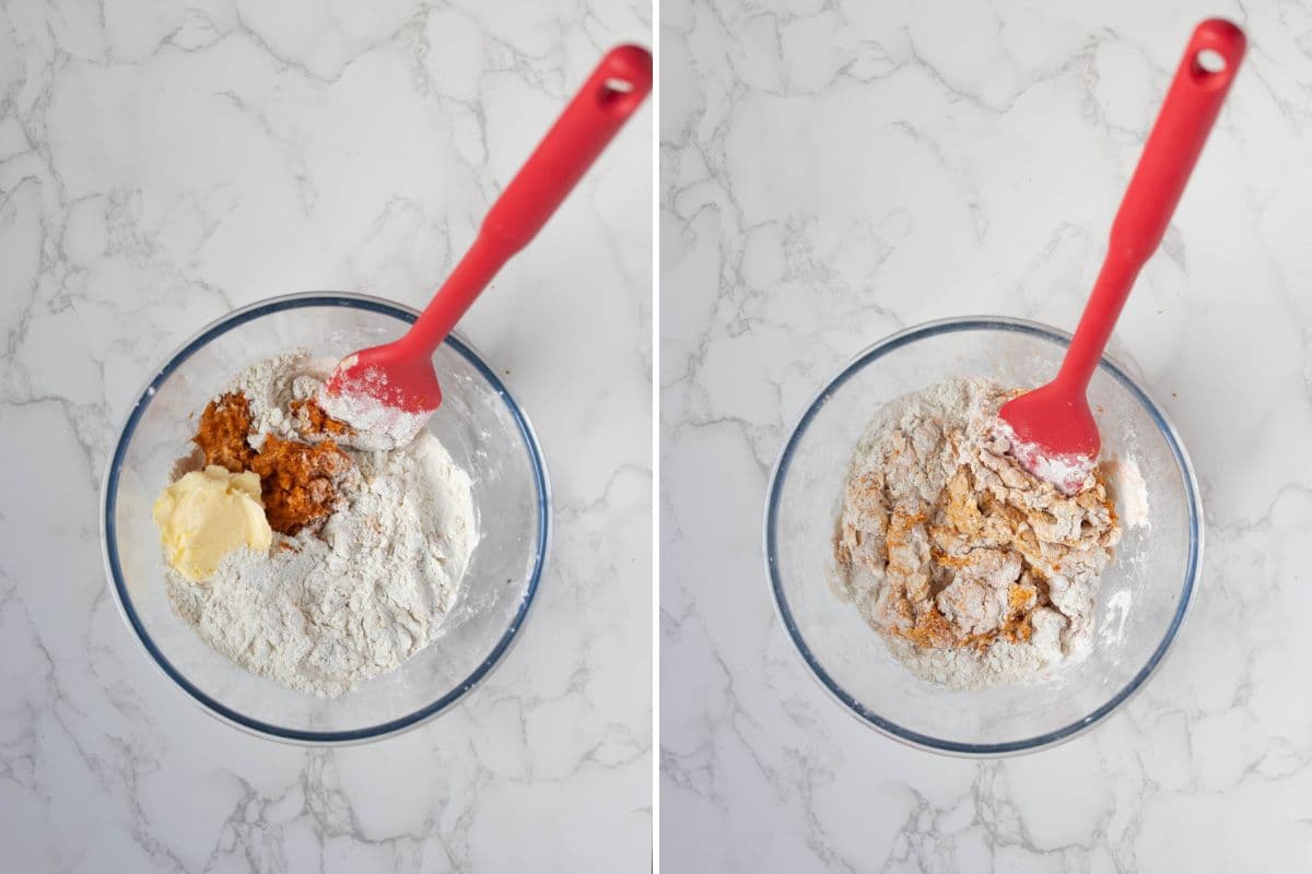 Two photos to show adding ingredients to a bowl and mixing the dough for sourdough pumpkin crackers.
