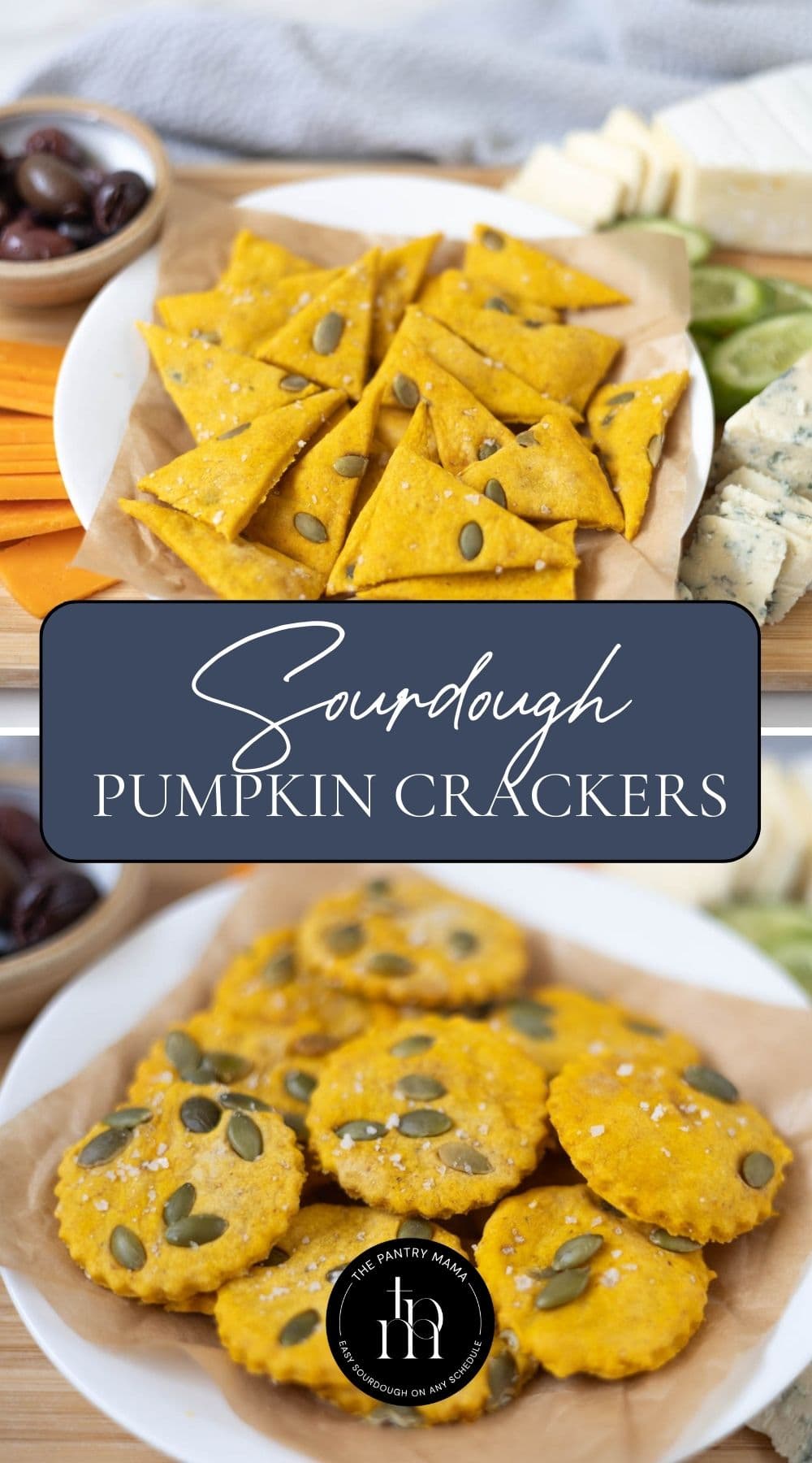 Two photos of sourdough pumpkin crackers in a triangle shape and a round shape with text overlay for a Pinterest Pin image.