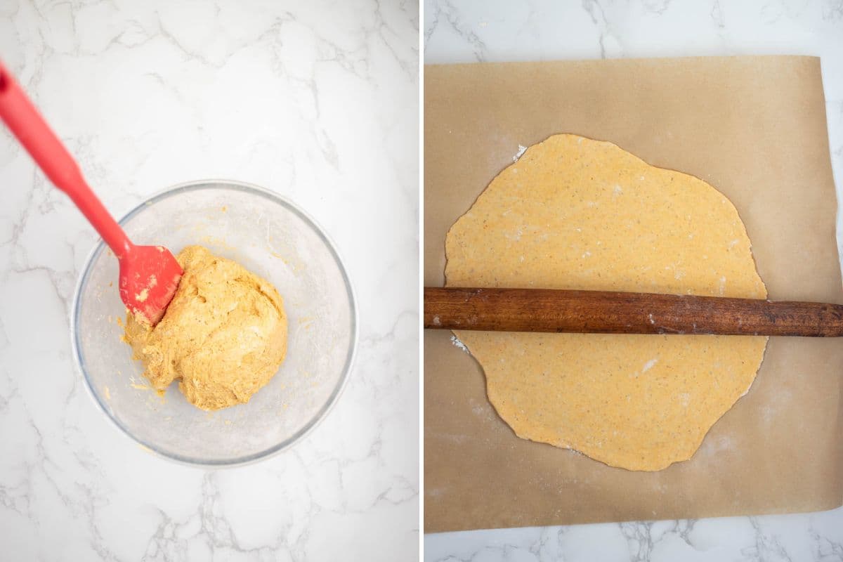 Two photos to show how to make sourdough pumpkin crackers, including mixing the dough and rolling out the dough flat.