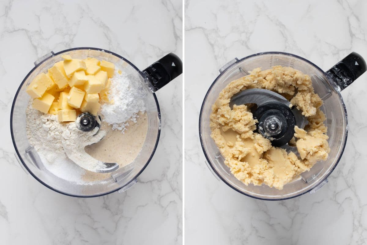 Mixing ingredients in a food processor to make sourdough shortbread cookie dough.