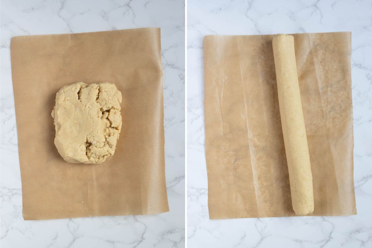 Two photos to show how to roll a cookie dough log to make sourdough shortbread cookies.