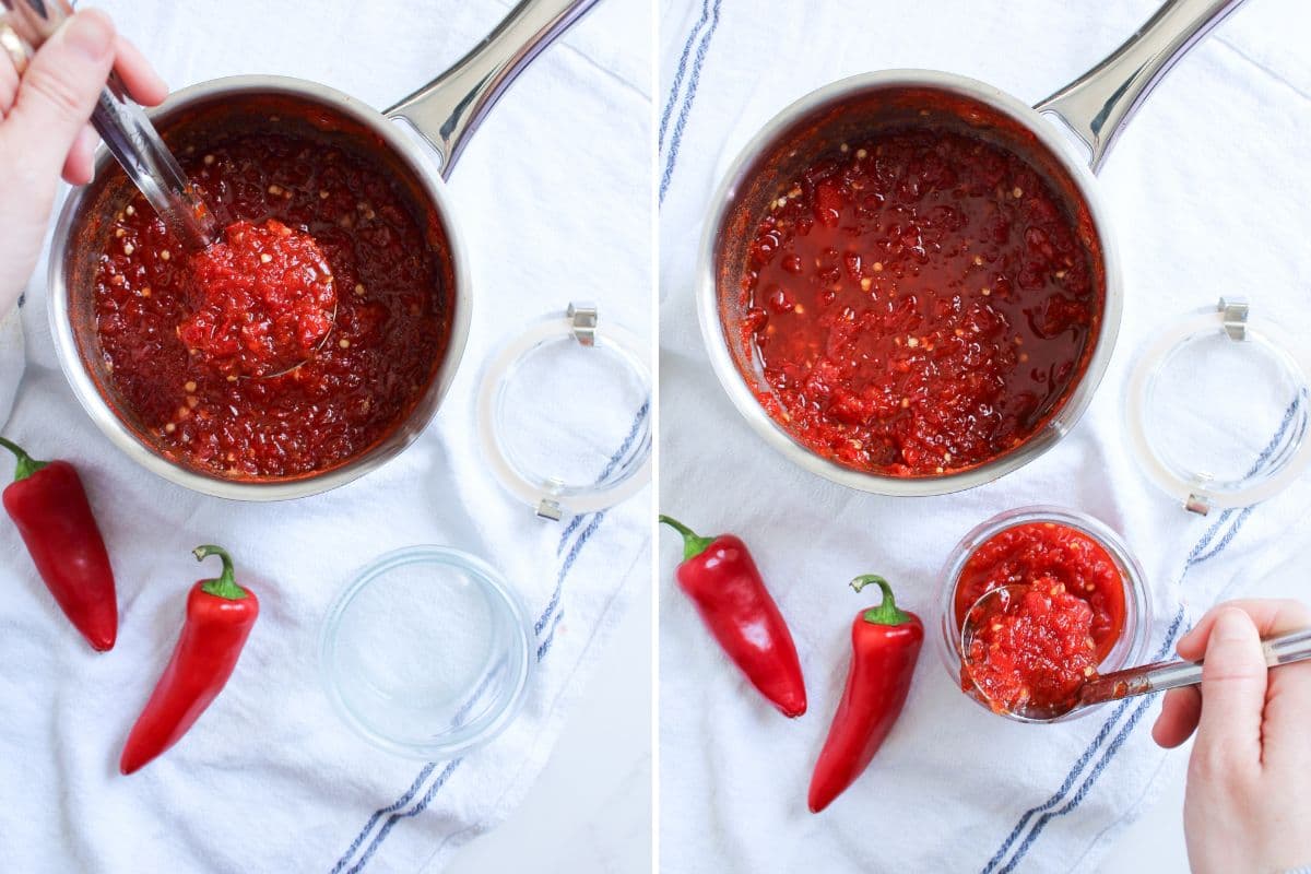 Two photos to show ladling finished chili jam into jars.