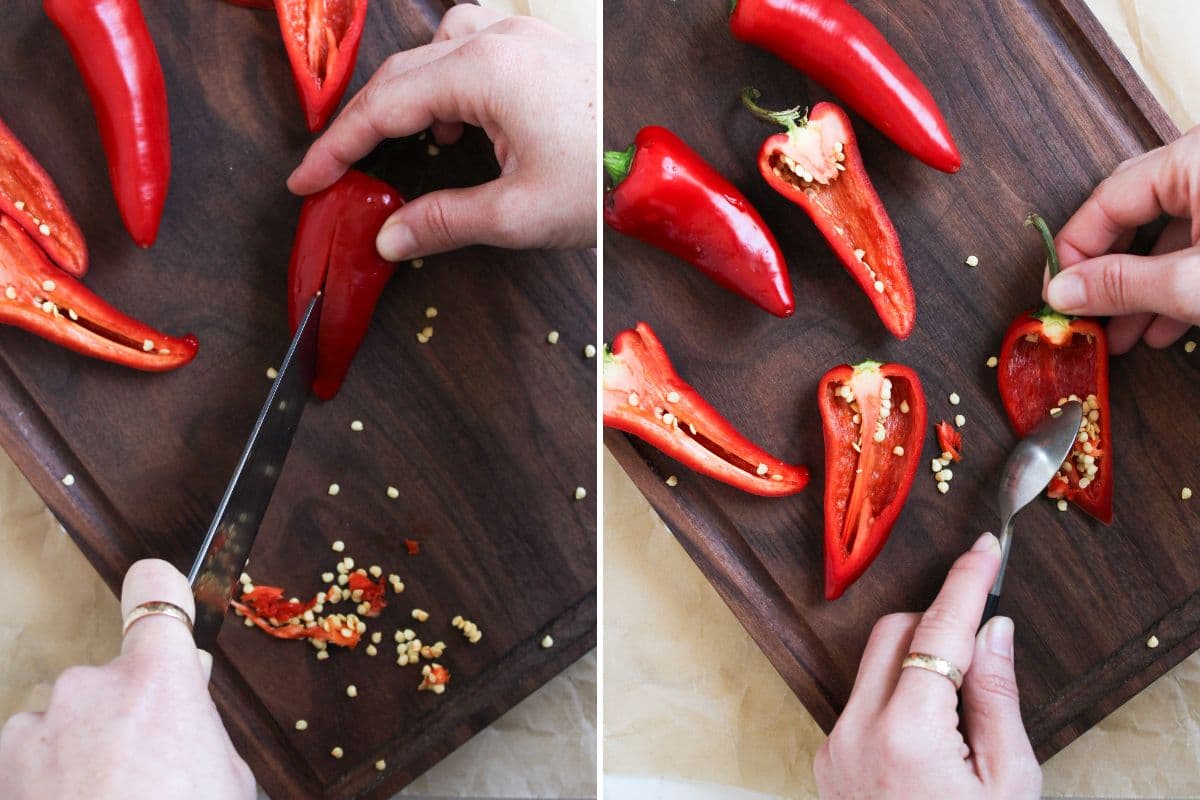 Two photos to show slicing the peppers and removing some of the seeds to make chili jam.