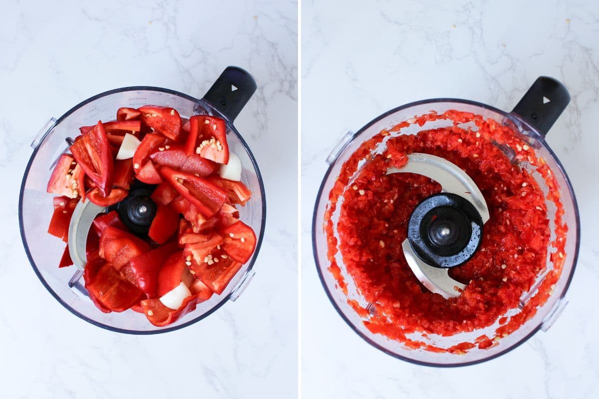 Two photos to show adding peppers to a food processor and what they look like once chopped in the food processor to make chili jam.