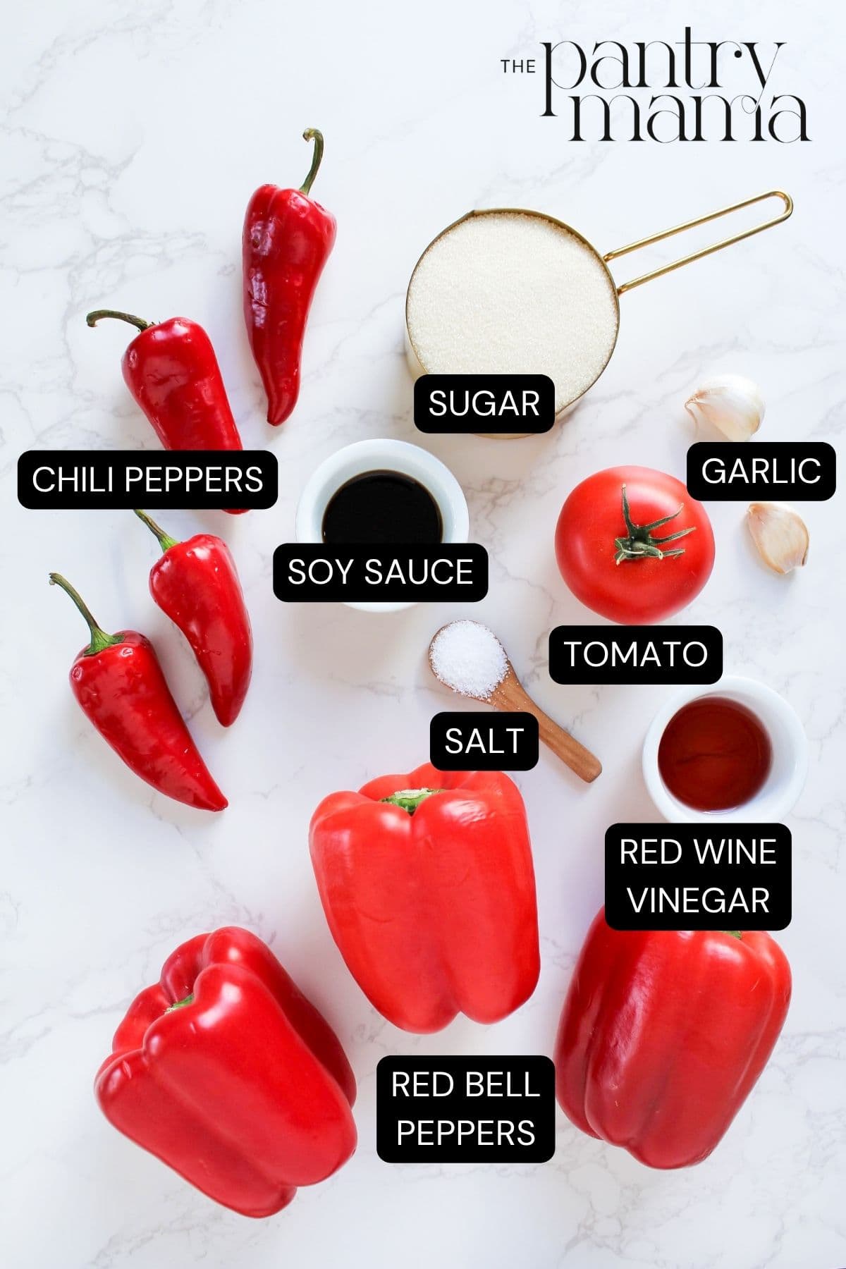Labeled ingredients on the counter to make chili jam.