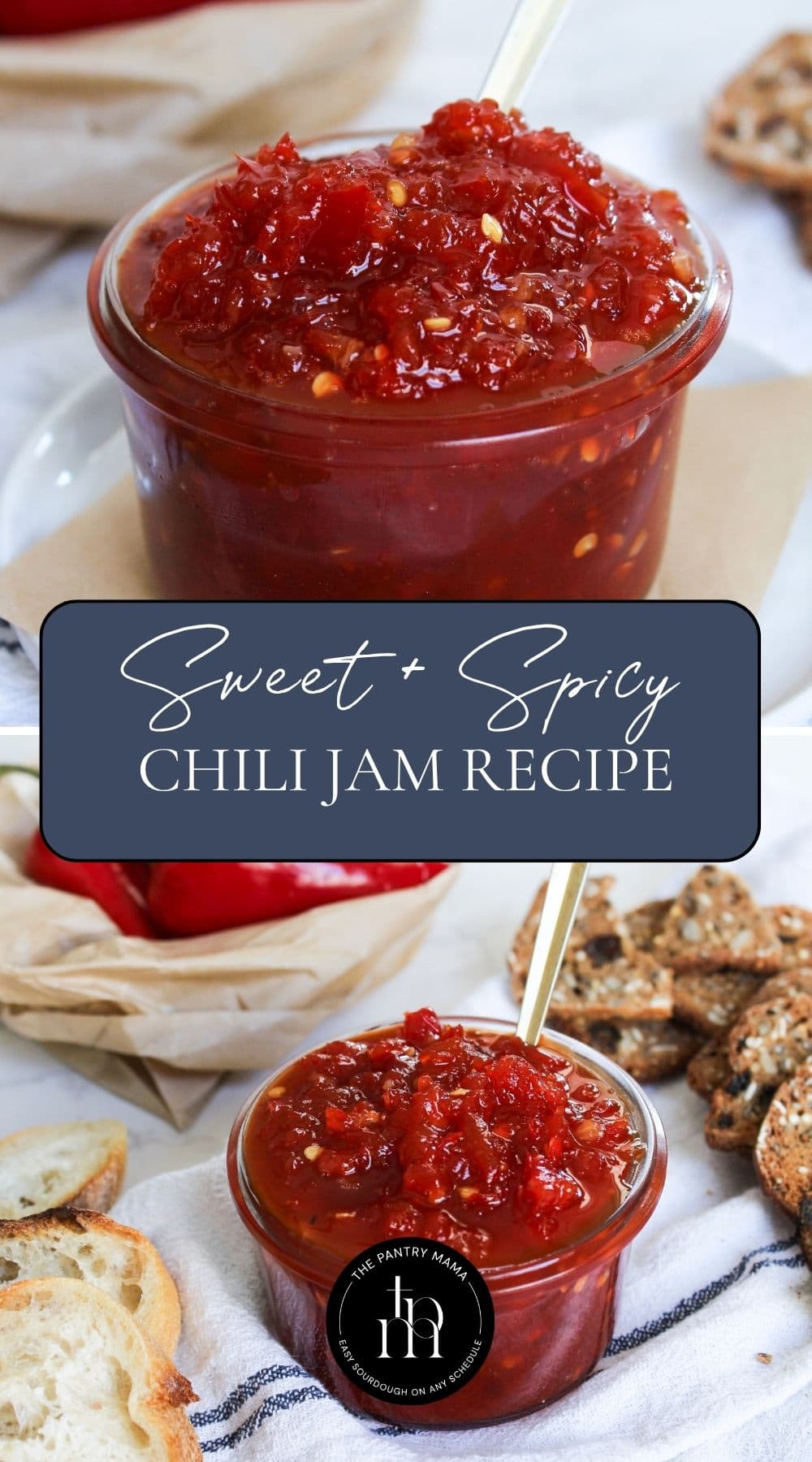 Two photos of chili jam with text overlay to show the texture of the jam and how to serve it for a Pinterest Pin image.