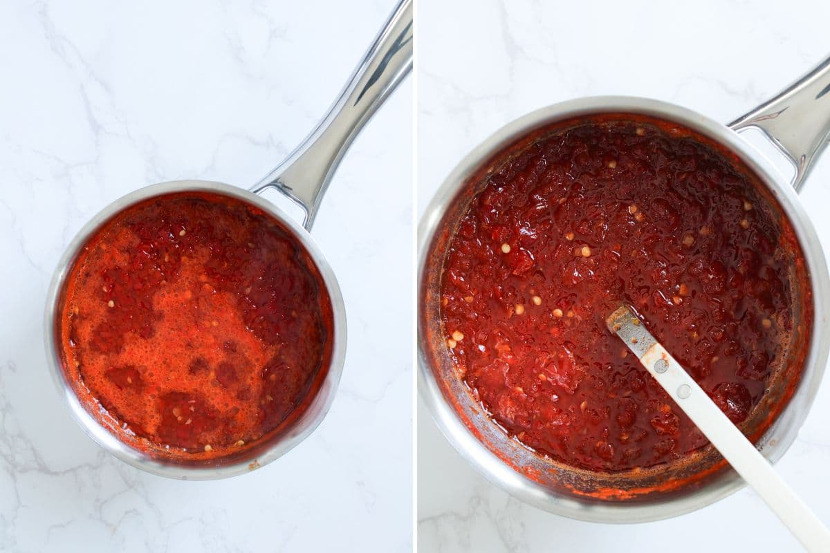 Two photos to show chili jam simmering on the stove including the beginning of simmer and once the jam is done simmering.