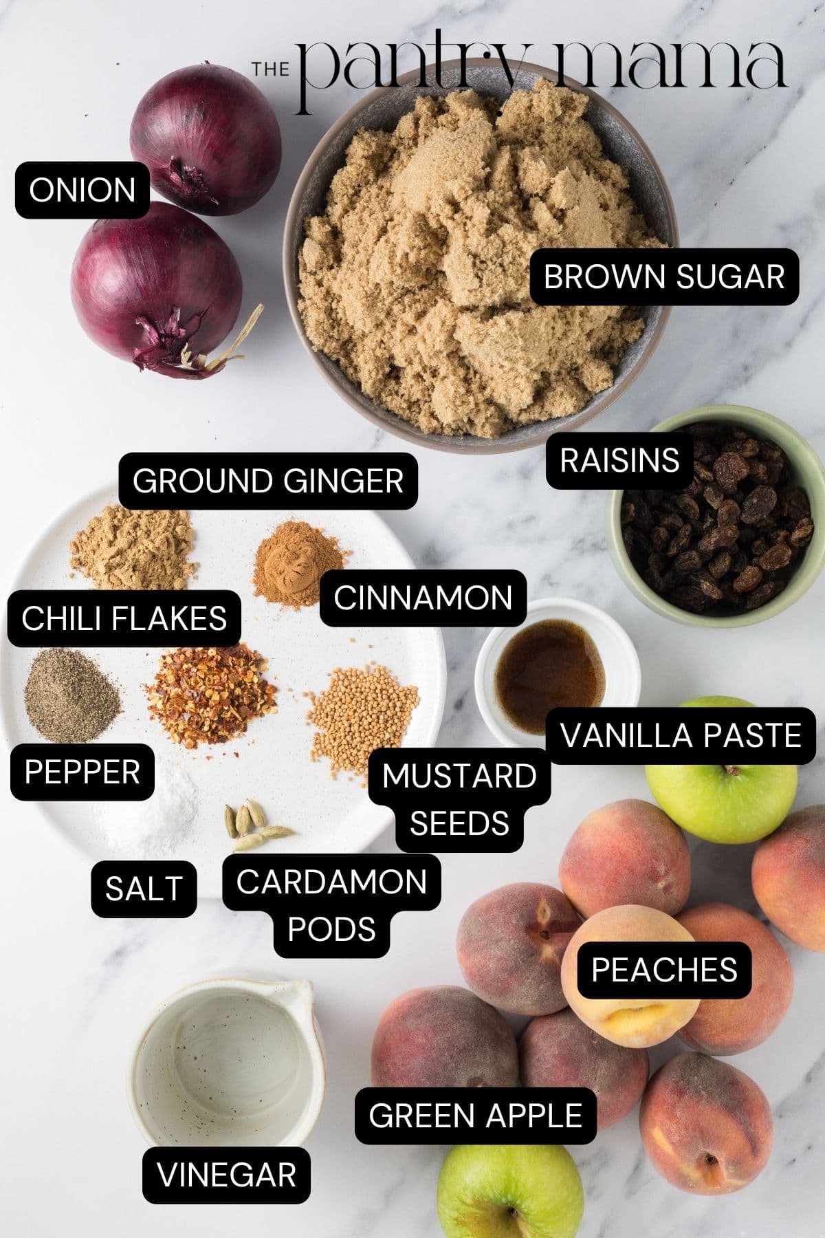 Labeled ingredients on the counter to make peach chutney.