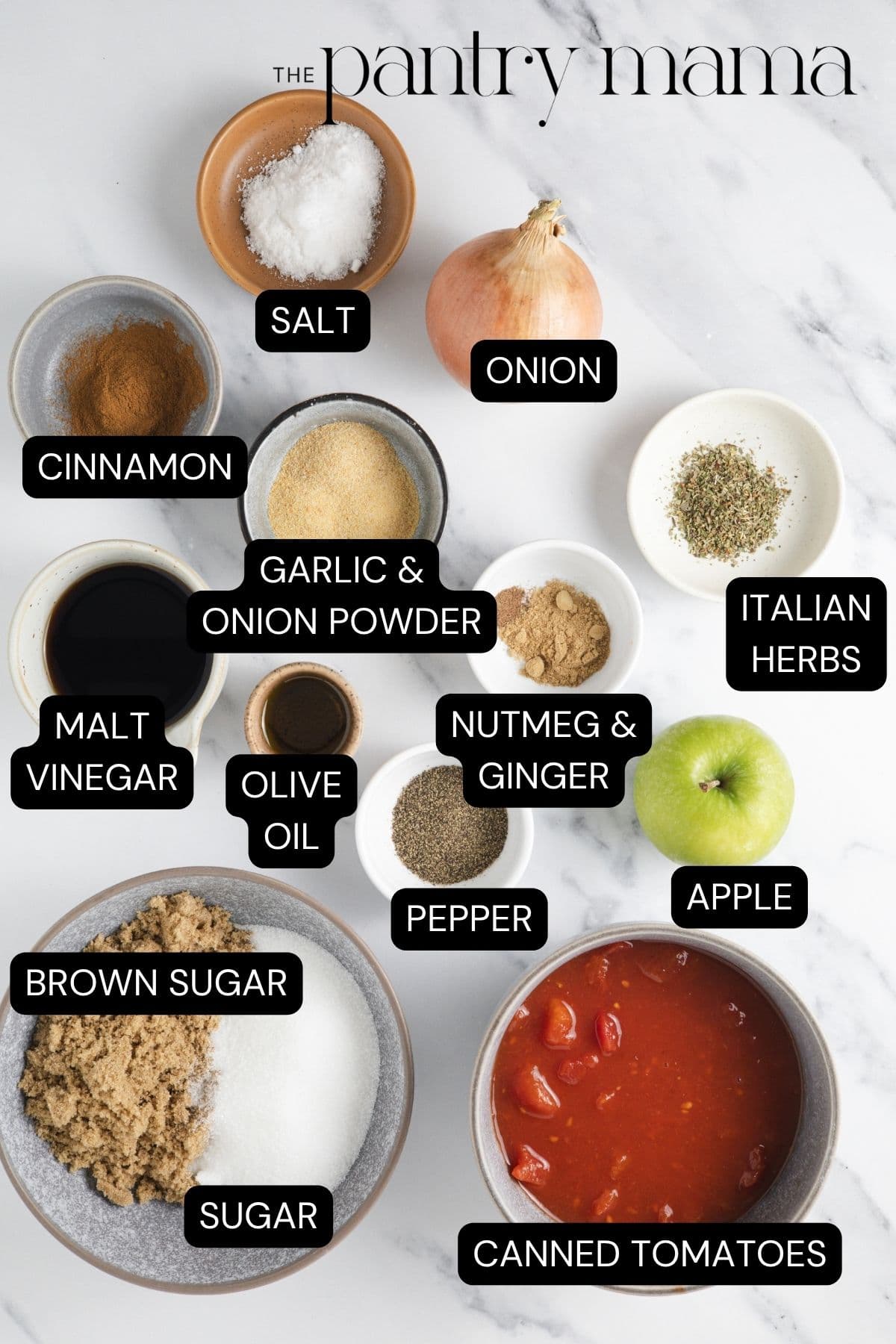 Labeled ingredients on the counter to make homemade ketchup.