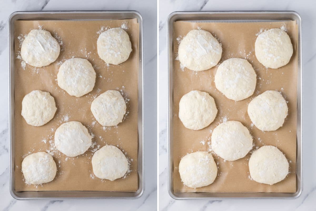 Two photos to show dough for sourdough discard rolls on a parchment lined baking sheet before and after second rise.