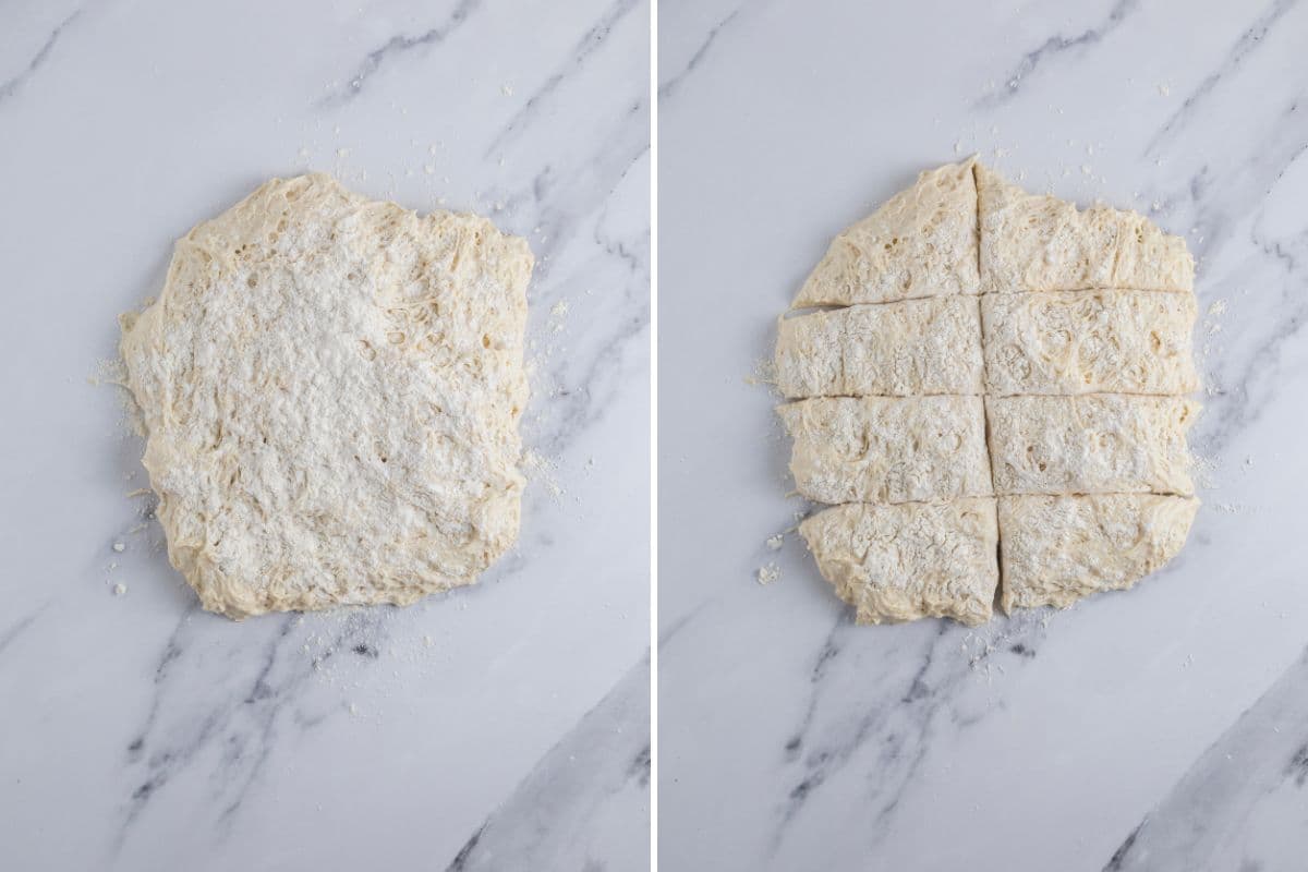 Two photos to show dough on counter being divided into even pieces to shape into sourdough discard rolls.