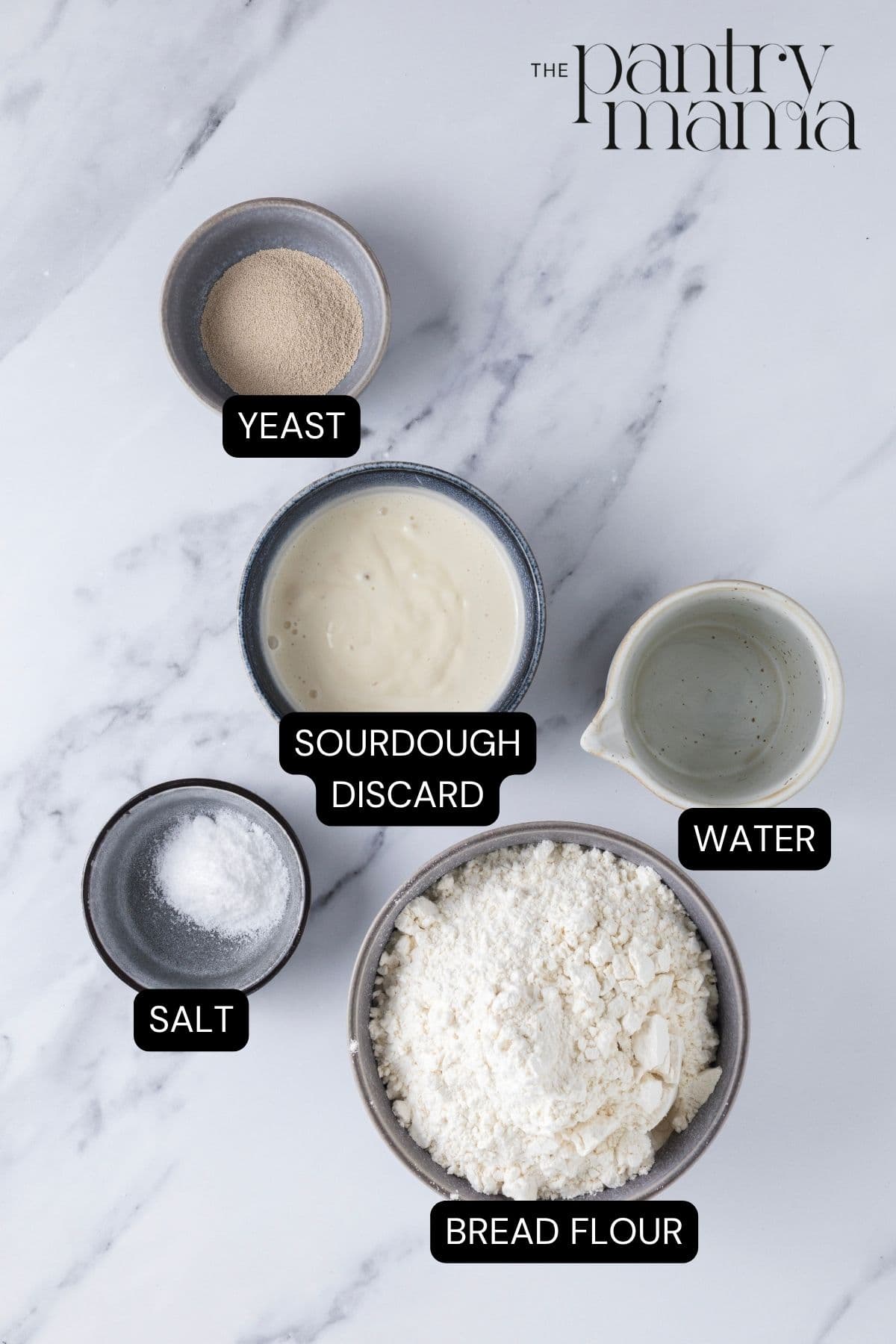 Labeled ingredients on the counter to make sourdough discard rolls.