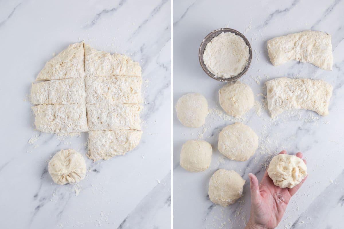 Two photos to show how to roll dough into bun balls for sourdough discard rolls.
