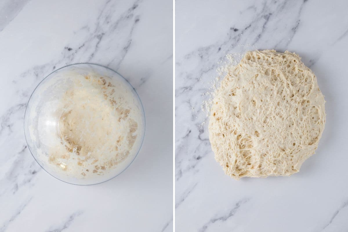 Two photos to show turning dough out on counter to make sourdough discard rolls.