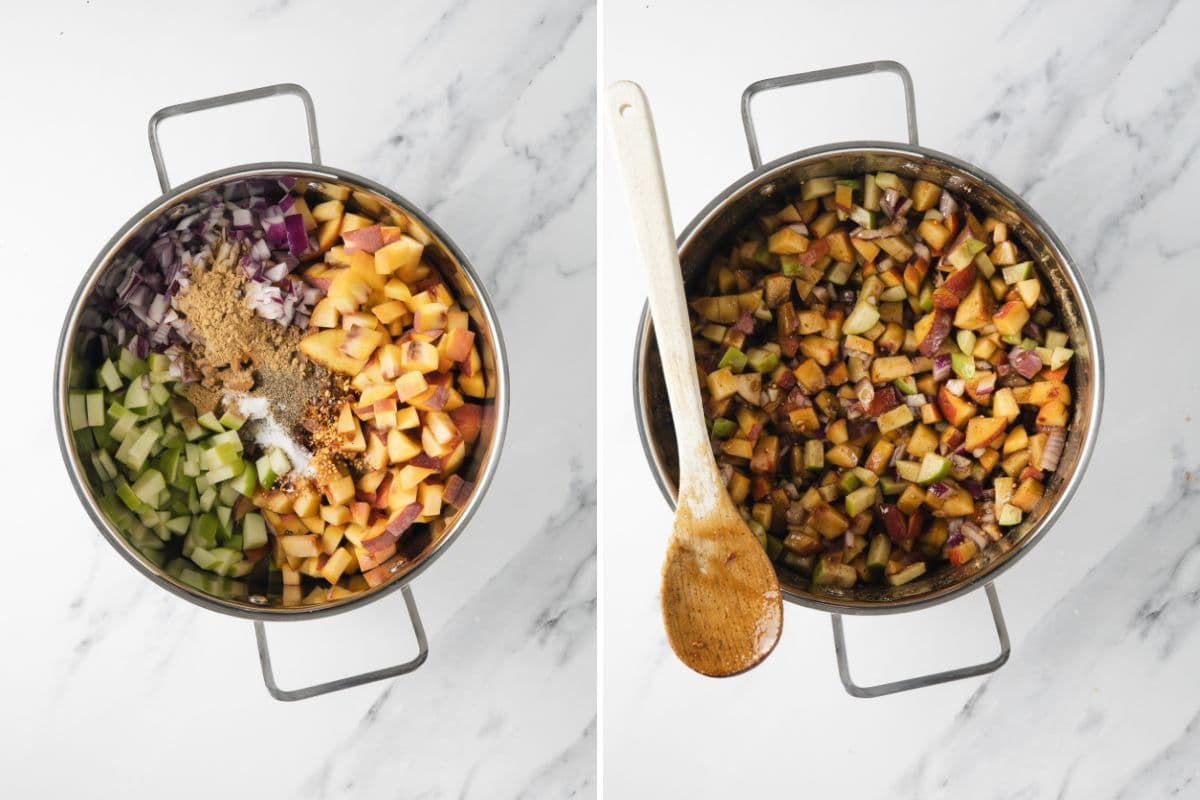 Two photos to show mixing chopped peaches, apples and onions with seasoning in a pot to make peach chutney.