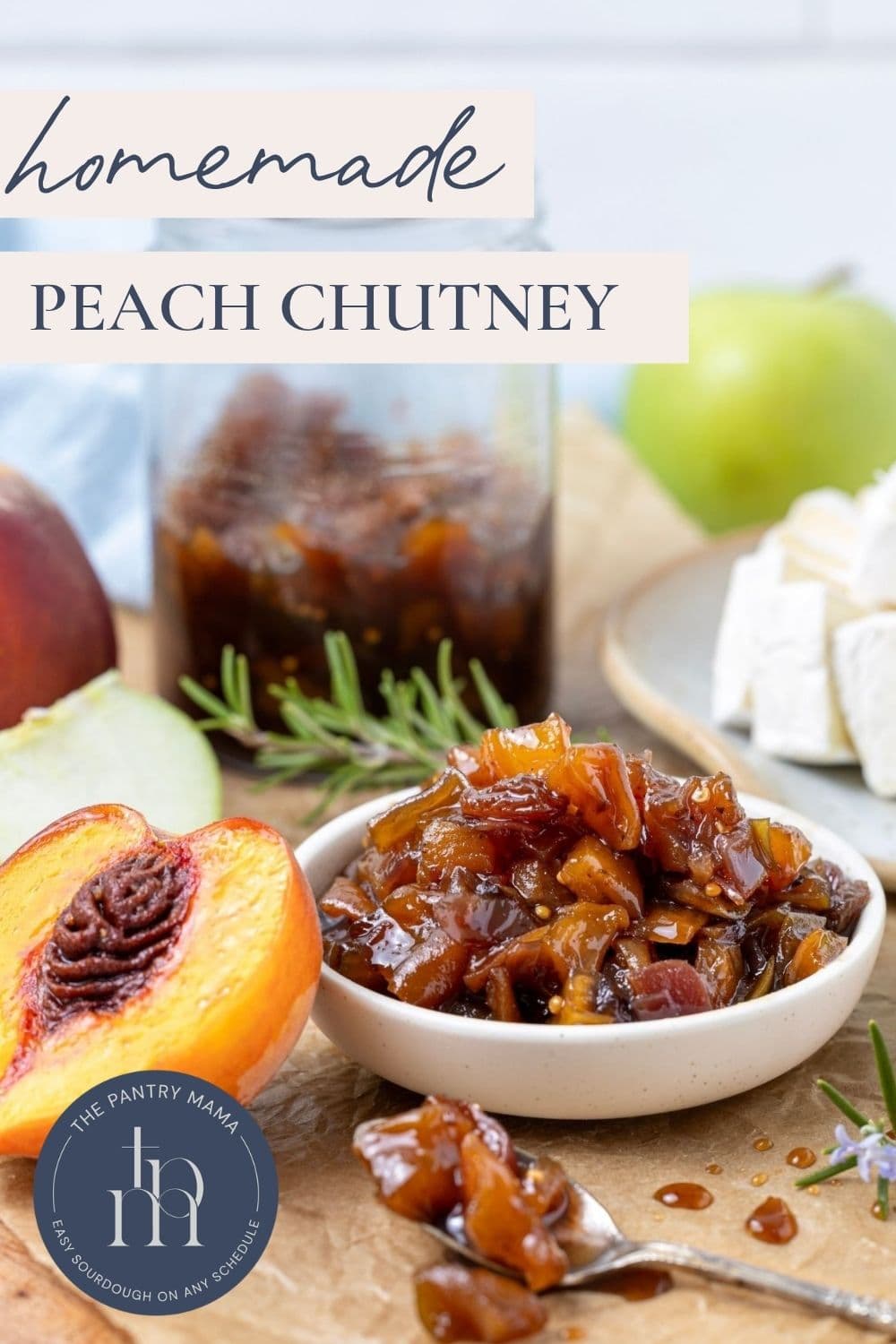 A bowl of fresh peach chutney on a serving plater with text overlay for a Pinterest Pin.