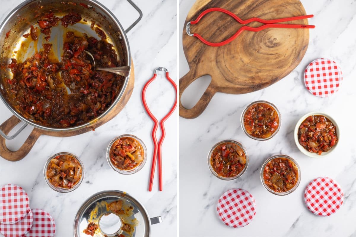Two photos to show funneling red pepper relish into storage jars.