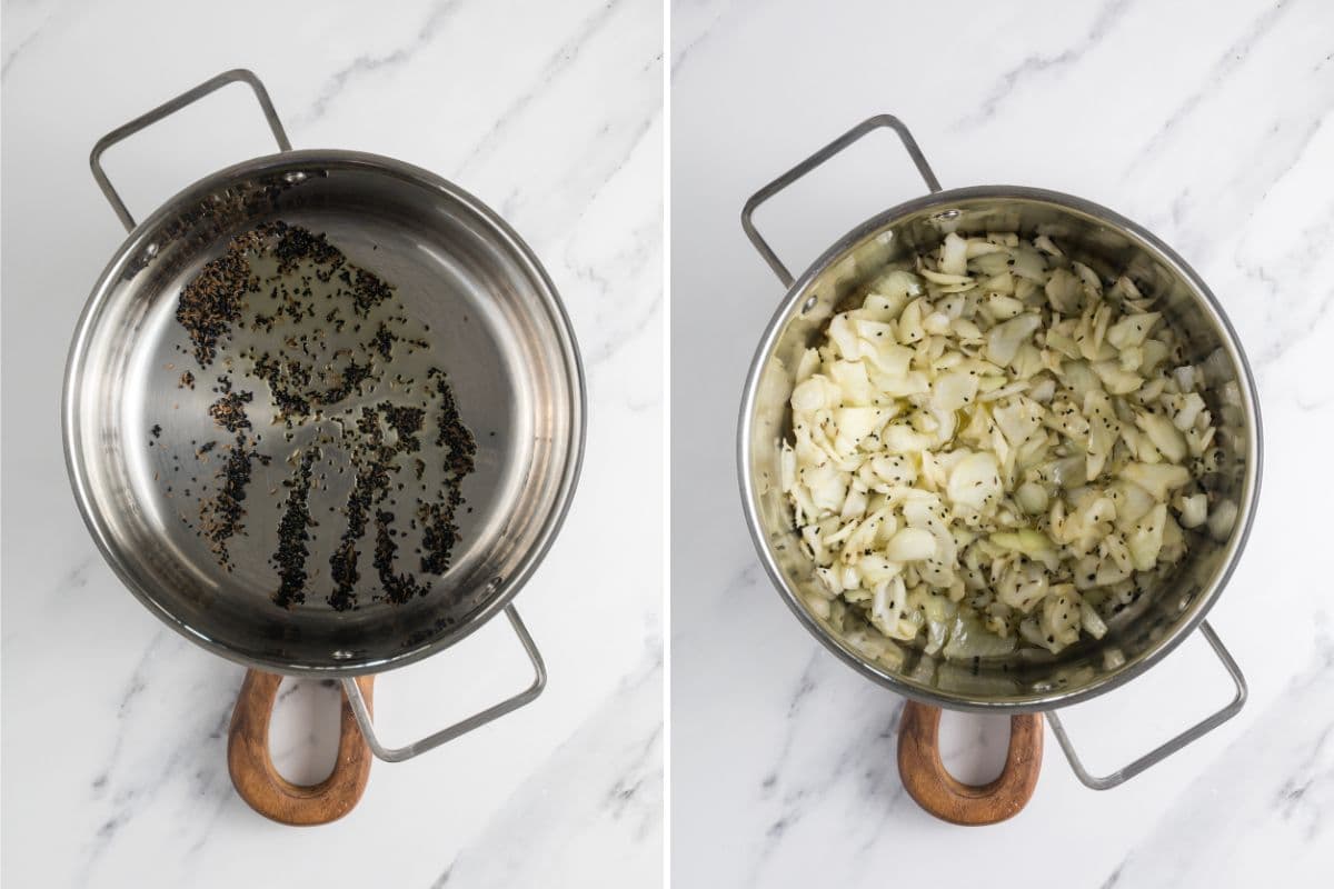 Two photos to show cooking caraway and cumin seeds along with onions and garlic to make red pepper relish.