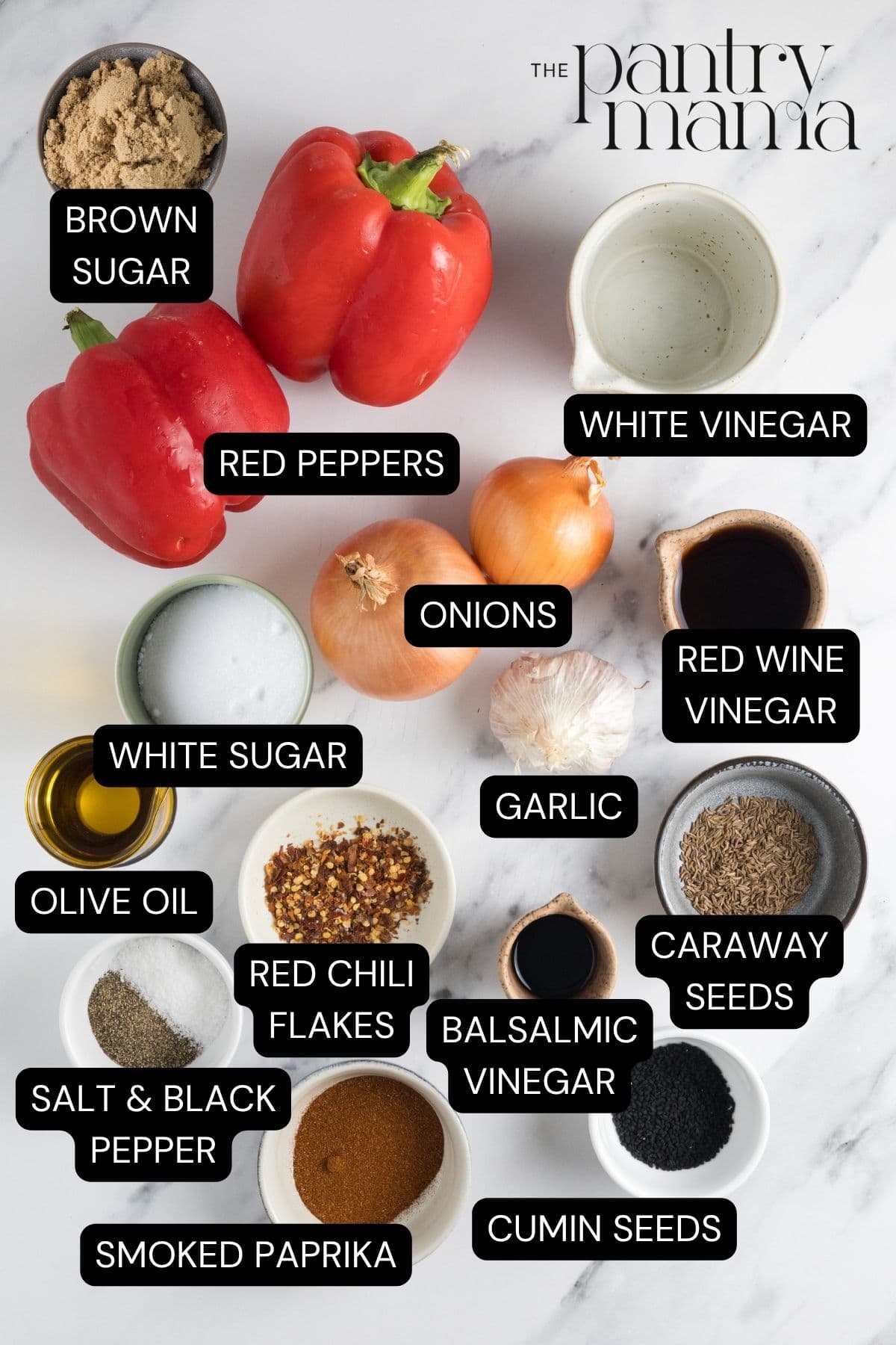Labeled ingredients on the counter to make red pepper relish.