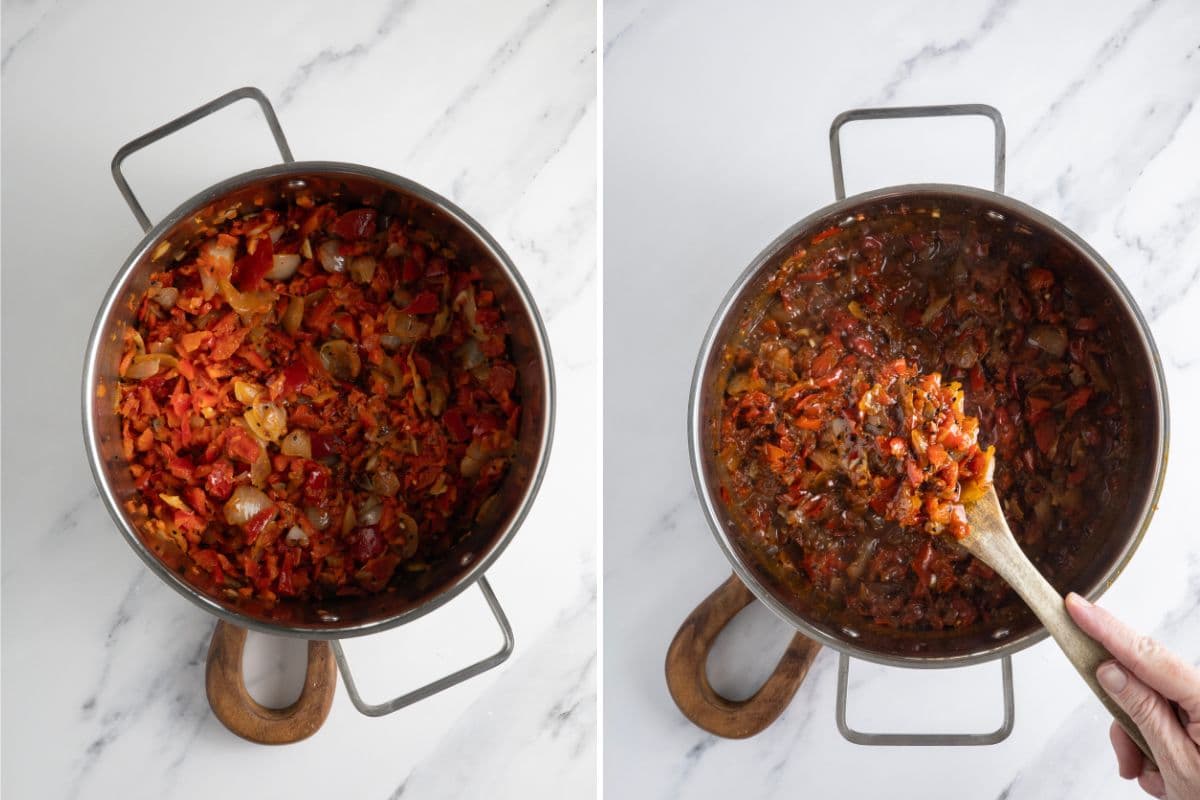 Two photos to show red pepper relish simmering in a pot.