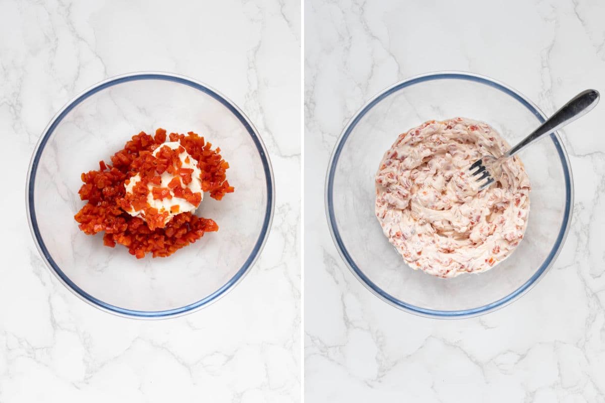Two photos to show mixing ingredients for roasted red pepper cream cheese dip by hand in a glass bowl.