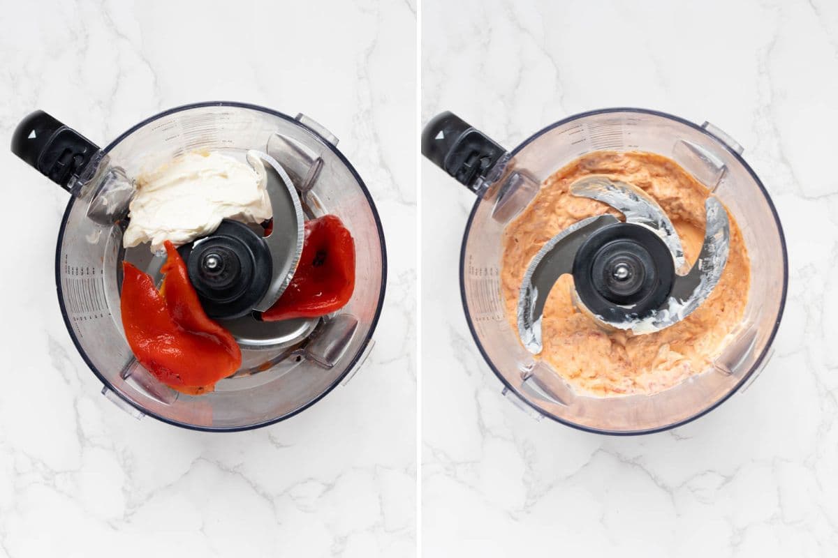 Roasted red pepper cream cheese dip being blended in a food processor with cream cheese and roasted peppers.