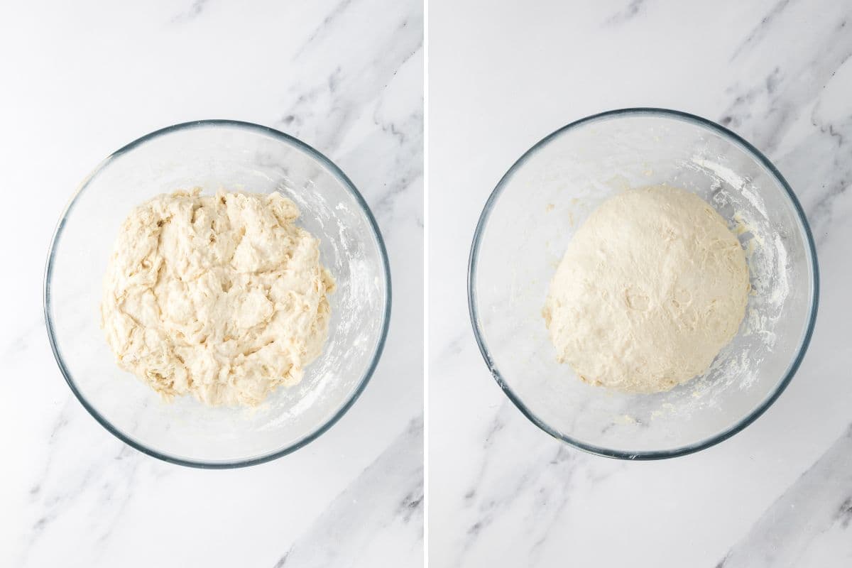 Two photos to show simple sourdough focaccia bread dough in a mixing bowl including one with sticky dough and one after sticky dough has undergone the first rise.