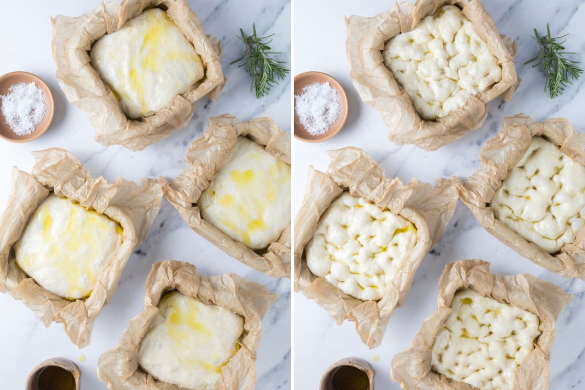 Two images to show simple sourdough focaccia bread in the parchment lined baking pans with one image showing what the bread dough looks like after poking holes in the top.