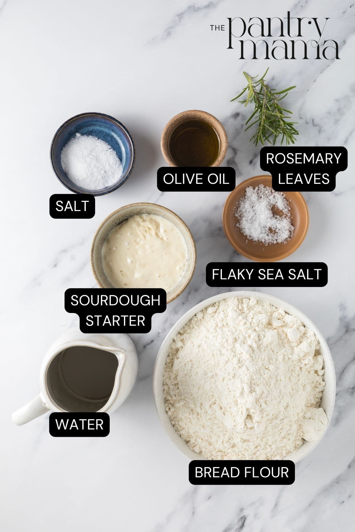 Labeled ingredients on the counter to make a simple sourdough focaccia bread.