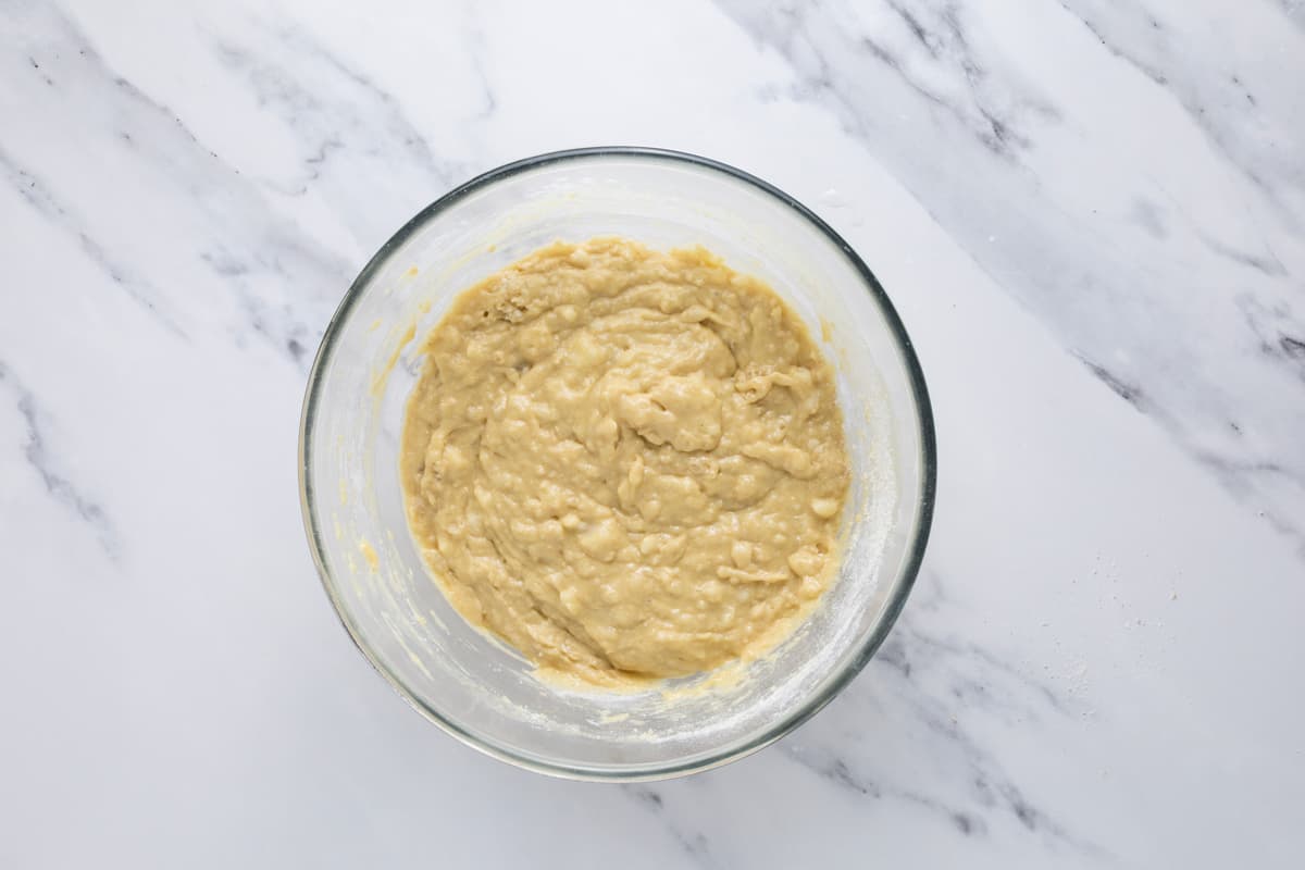 Just mixed batter in a glass bowl to make sourdough discard banana bread.