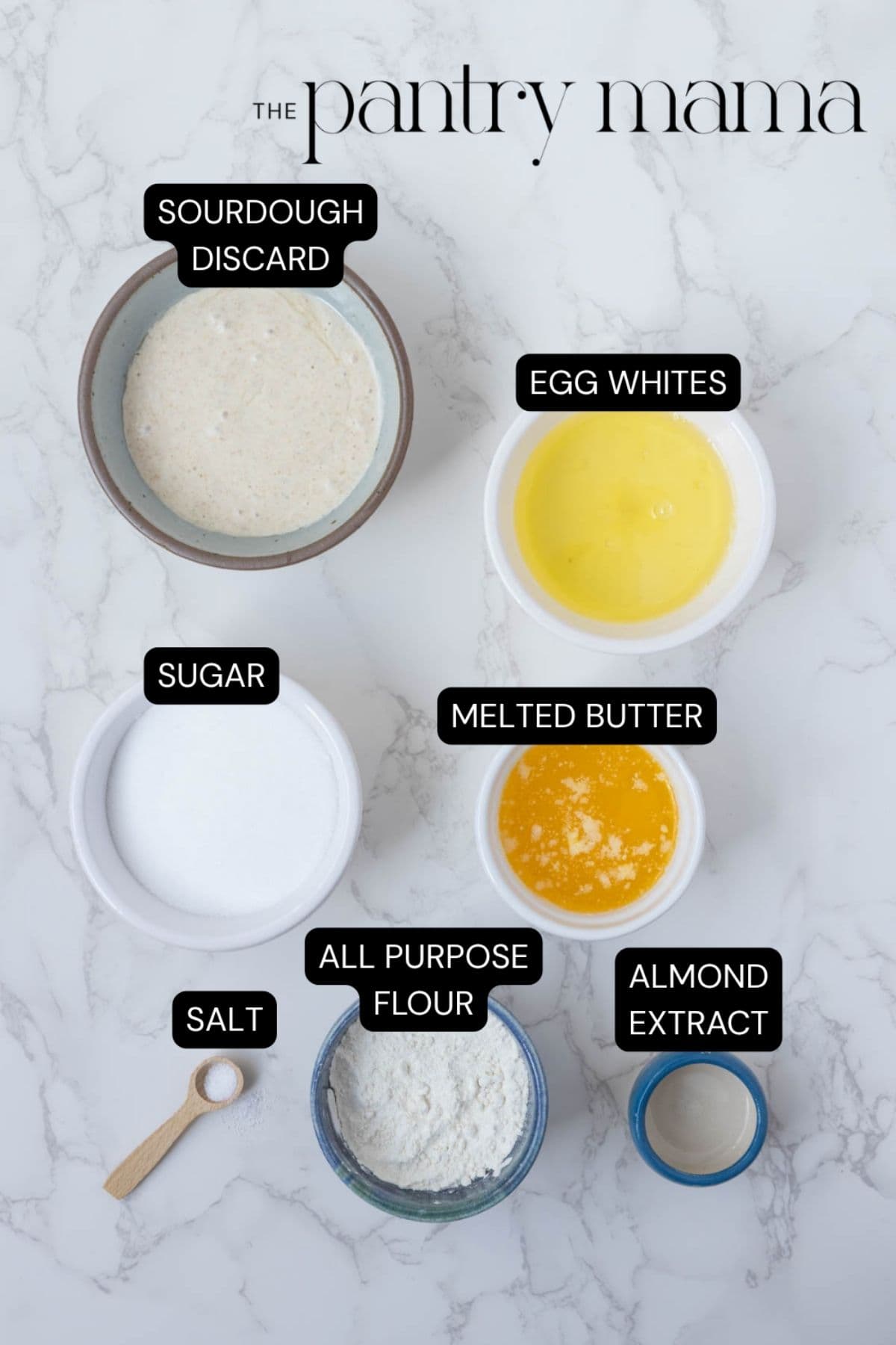 Labeled ingredients on the counter to make sourdough fortune cookies.