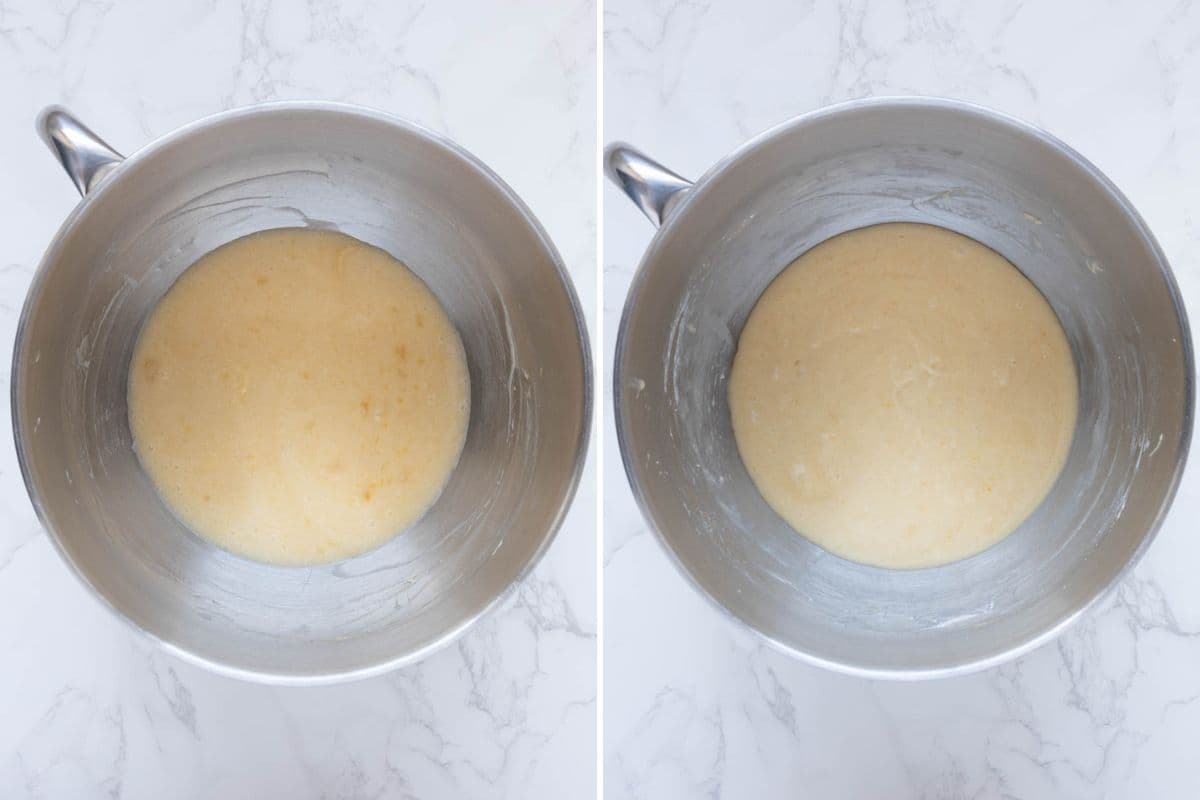 Two images to show what mixed batter for sourdough fortune cookies.