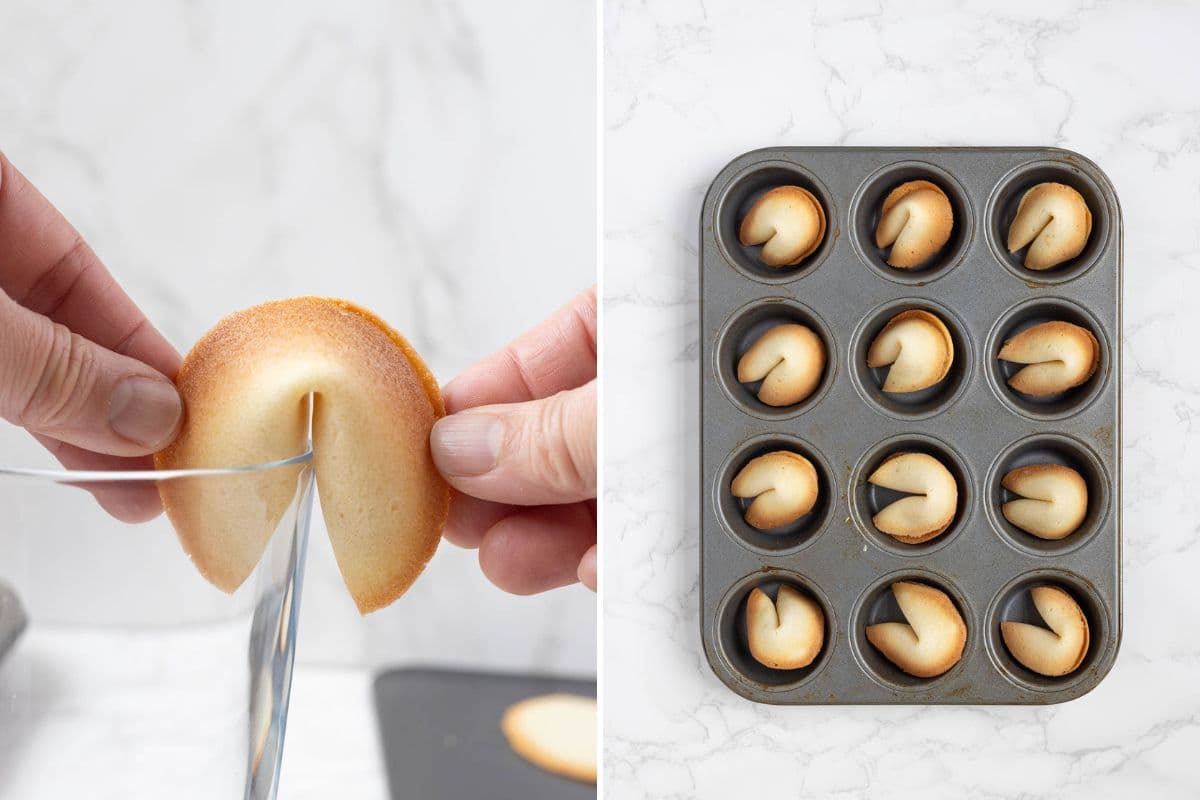 Two photos to show how to shape sourdough fortune cookies including folding over a drinking glass and letting the cookies set in a muffin tin.