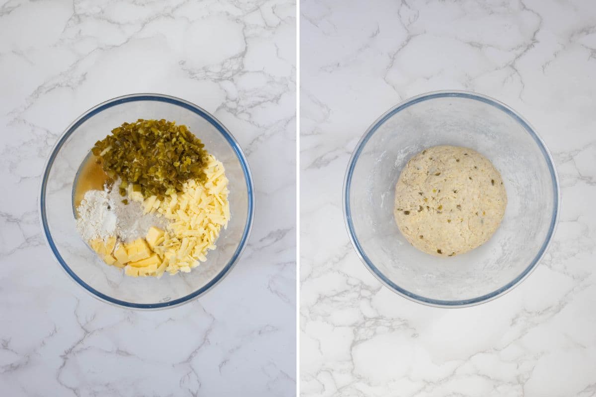 Two photos to show mixing the dough to make sourdough jalapeño cheddar crackers.