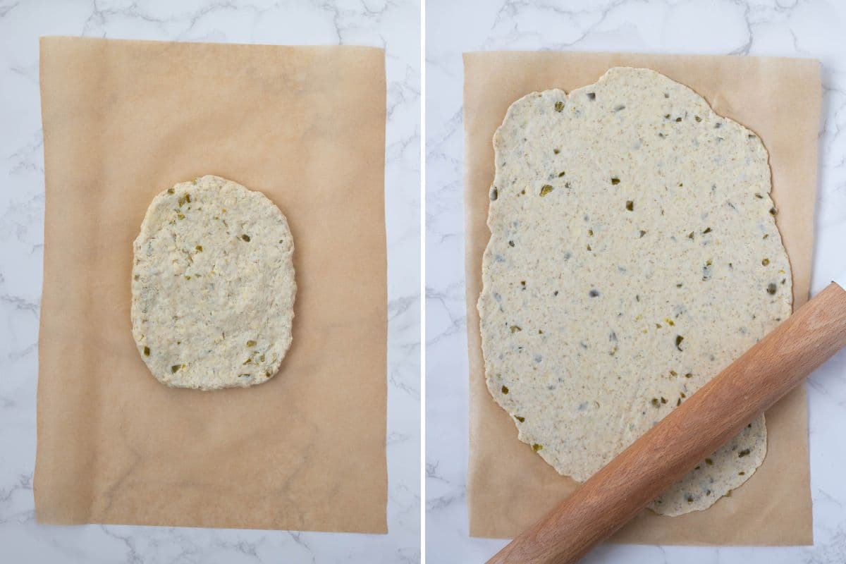 Two photos to show adding sourdough jalapeño cheddar cracker dough to a piece of parchment paper on the counter and rolling it out.