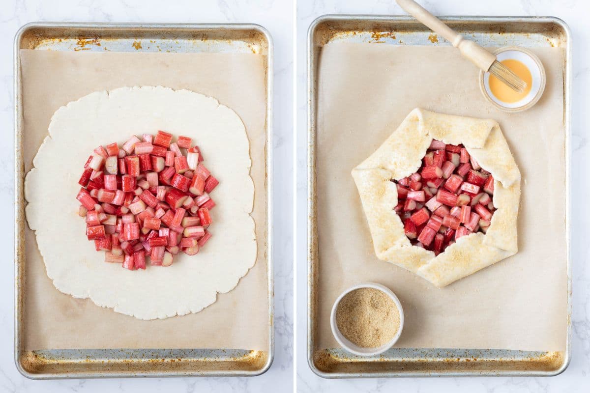 Two photos to show assembling a sourdough rhubarb galette by adding fillings to crust dough and folding dough over.