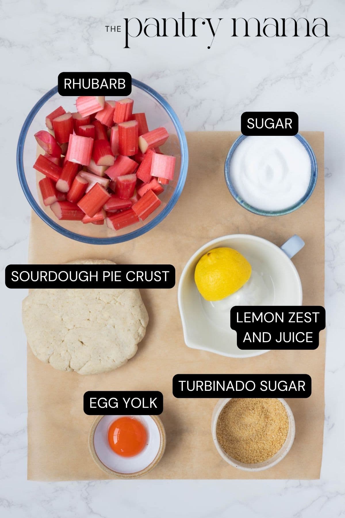 Labeled ingredients to make a sourdough rhubarb galette.