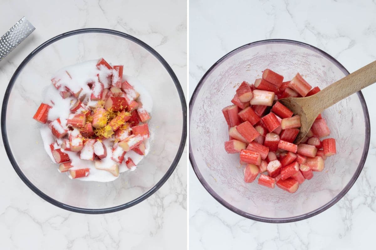 Two photos to show mixing the rhubarb filling for a sourdough rhubarb galette.